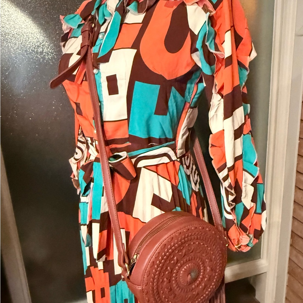 Vintage Geometric Midi Dress with Tie-Waist in Teal & Coral - Picture 6 of 8